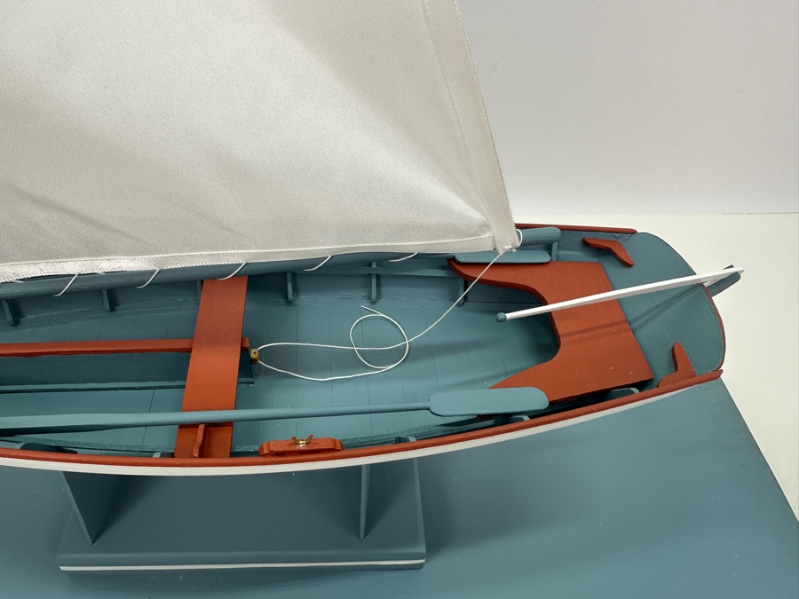 Vintage 1955 Wooden Sailboat Model By C. Heimler Titled 'Little Skiff' With Acrylic Display Cover 20'W X 8'D X 21'H [Photo 13]