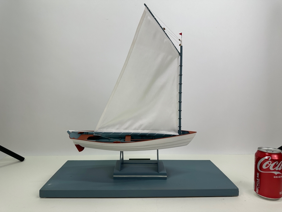 Vintage 1955 Wooden Sailboat Model By C. Heimler Titled 'Little Skiff' With Acrylic Display Cover 20'W X 8'D X 21'H [Photo 14]