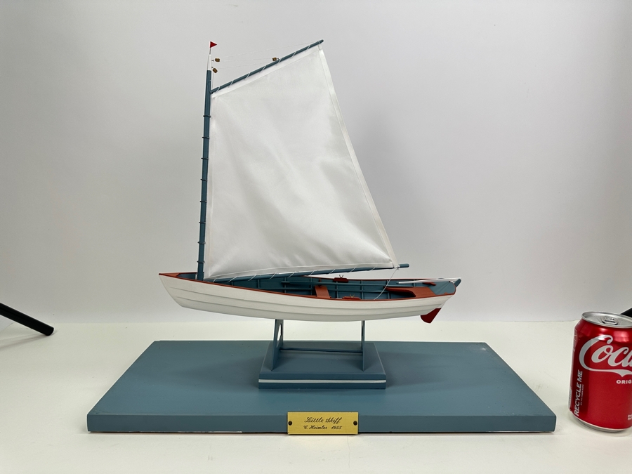 Vintage 1955 Wooden Sailboat Model By C. Heimler Titled 'Little Skiff' With Acrylic Display Cover 20'W X 8'D X 21'H [Photo 5]