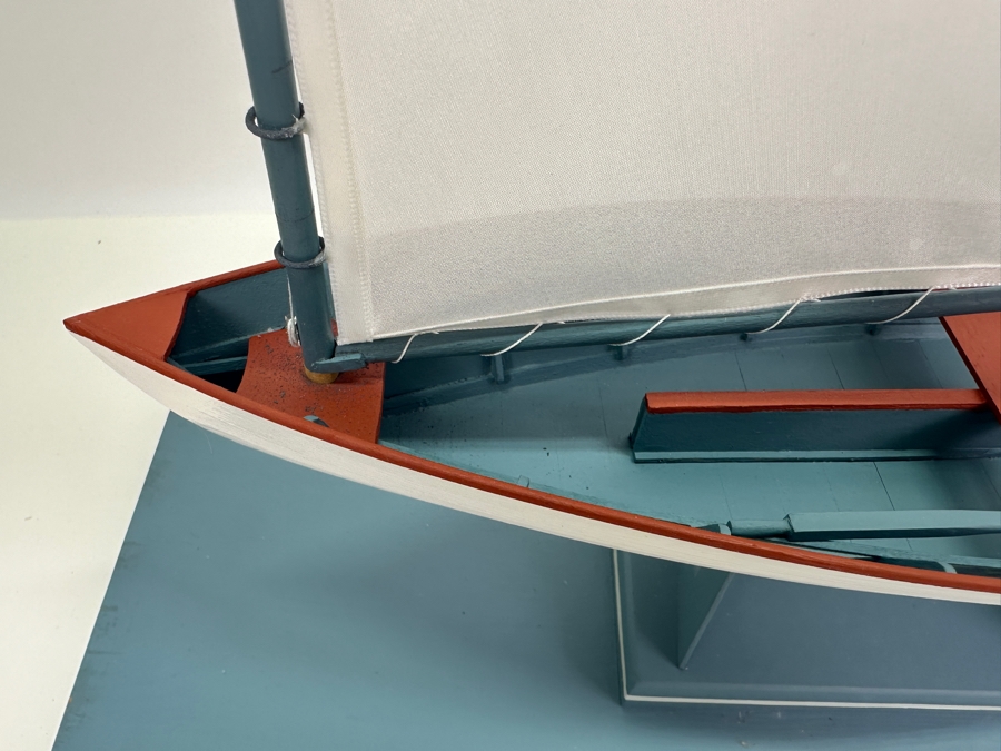 Vintage 1955 Wooden Sailboat Model By C. Heimler Titled 'Little Skiff' With Acrylic Display Cover 20'W X 8'D X 21'H [Photo 12]