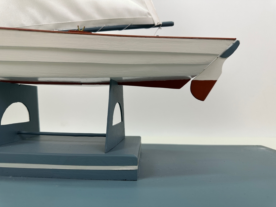 Vintage 1955 Wooden Sailboat Model By C. Heimler Titled 'Little Skiff' With Acrylic Display Cover 20'W X 8'D X 21'H [Photo 9]
