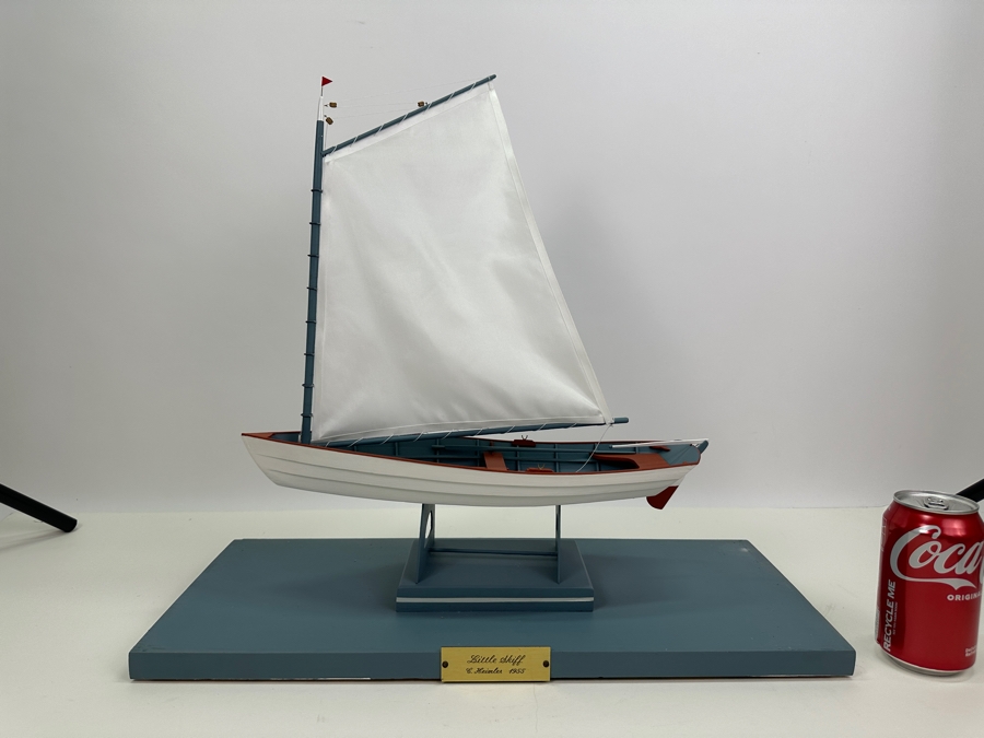 Vintage 1955 Wooden Sailboat Model By C. Heimler Titled 'Little Skiff' With Acrylic Display Cover 20'W X 8'D X 21'H [Photo 3]