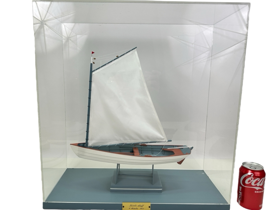 Vintage 1955 Wooden Sailboat Model By C. Heimler Titled 'Little Skiff' With Acrylic Display Cover 20'W X 8'D X 21'H [Photo 1]