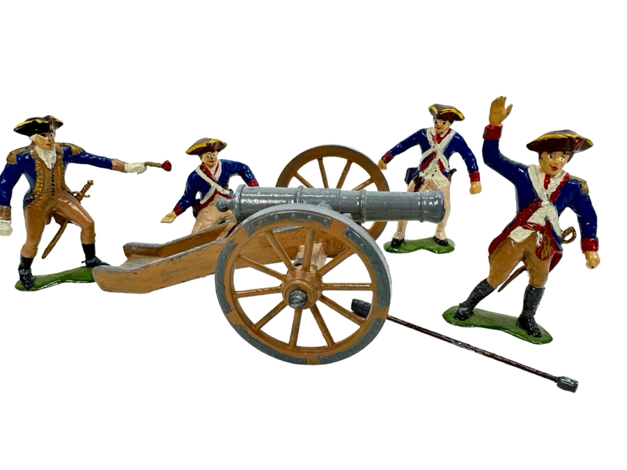Vintage Strombecker Chicago Painted Metal Toy Cannon With Four Hand Painted Toy Soldiers [Photo 1]