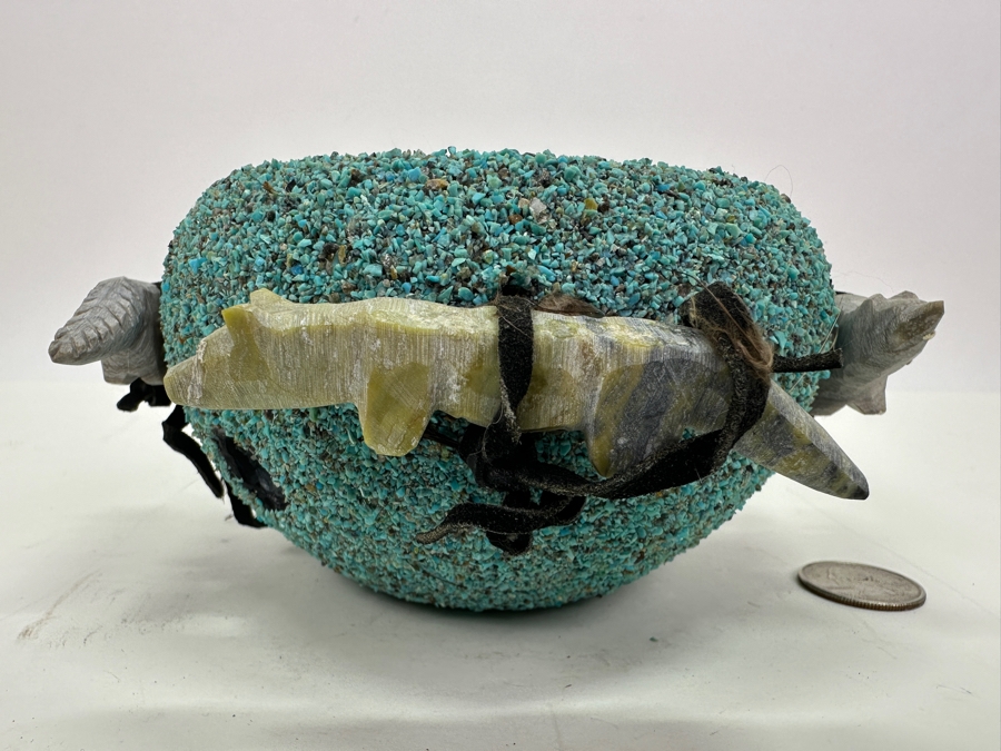 Vintage Native American Zuni Turquoise Fetish Pot 6'W X 3.25'H [Photo 3]