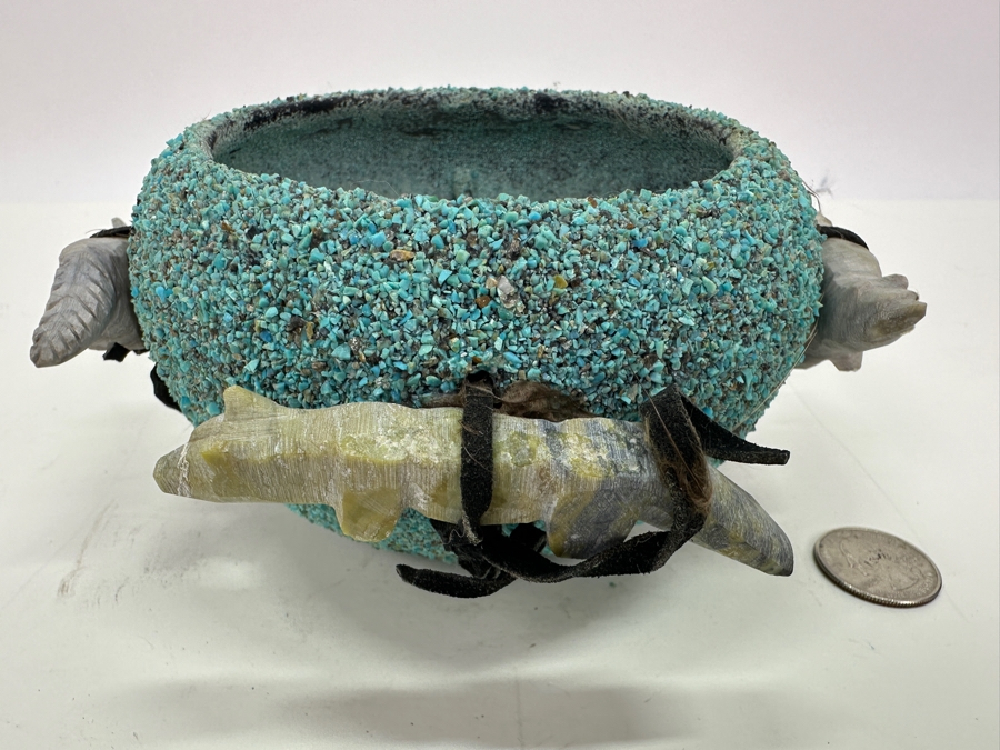 Vintage Native American Zuni Turquoise Fetish Pot 6'W X 3.25'H [Photo 4]