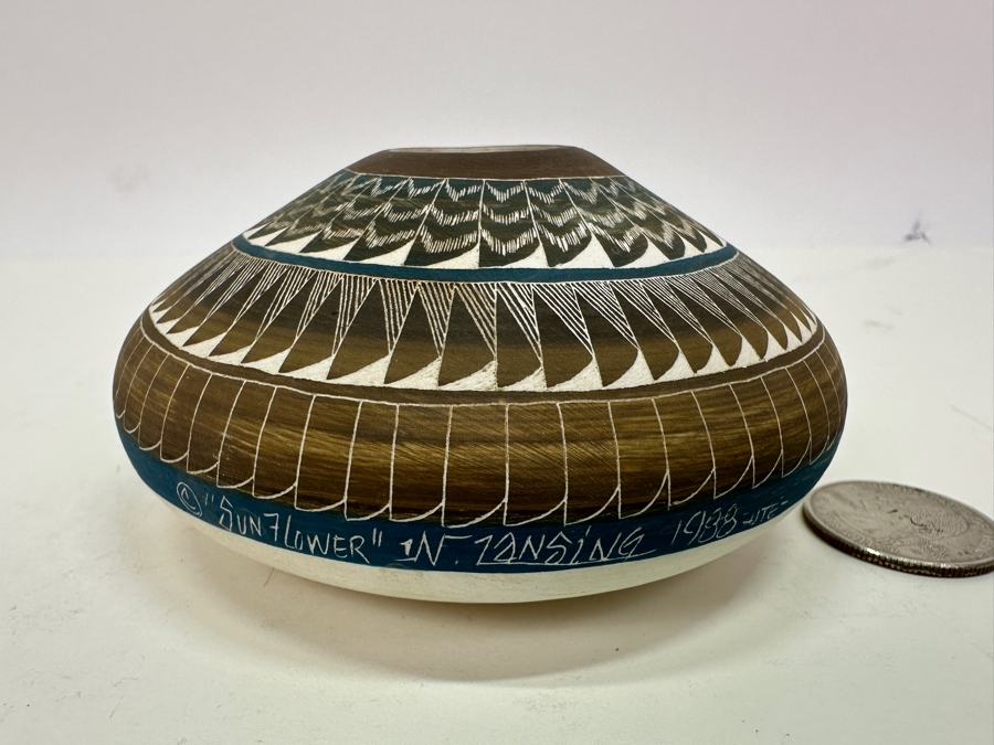 Vintage 1988 Signed Native American Etched Seed Pot Vase Titled 'Sunflower' By Norman Lansing Ute Mountain Pottery 4W X 2H [Photo 2]