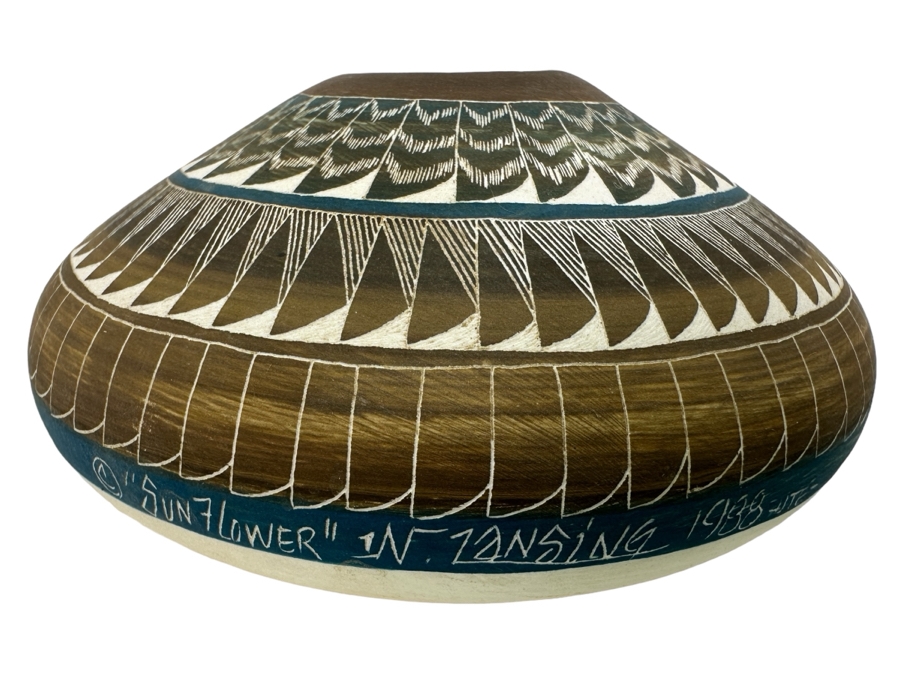 Vintage 1988 Signed Native American Etched Seed Pot Vase Titled 'Sunflower' By Norman Lansing Ute Mountain Pottery 4W X 2H [Photo 1]