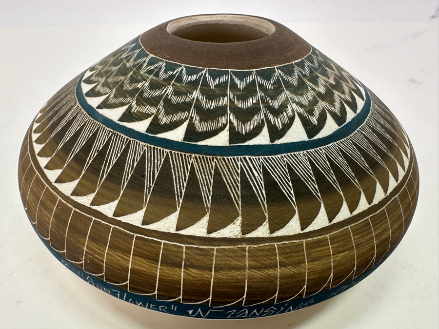Vintage 1988 Signed Native American Etched Seed Pot Vase Titled 'Sunflower' By Norman Lansing Ute Mountain Pottery 4W X 2H [Photo 4]