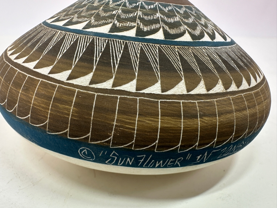 Vintage 1988 Signed Native American Etched Seed Pot Vase Titled 'Sunflower' By Norman Lansing Ute Mountain Pottery 4W X 2H [Photo 5]