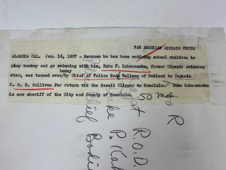 Vintage 1937 Photograph Of Duke P. Kahanamoku (Olympic Swimmer / Famous Hawaiian Surfer) Arrested - Pan American Airways Photo 8' X 10' Phil Stroupe Photography - See Details [Photo 6]