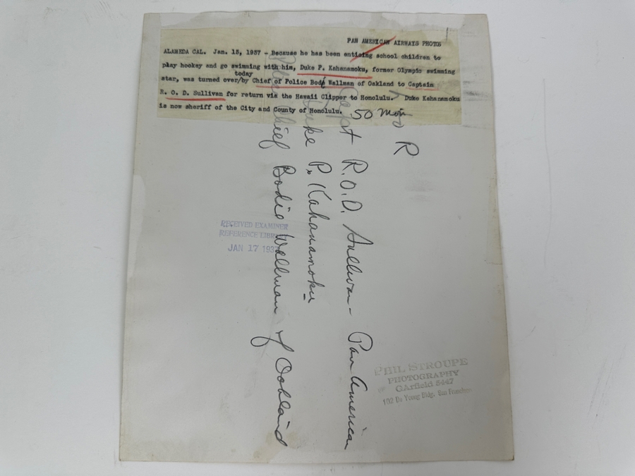 Vintage 1937 Photograph Of Duke P. Kahanamoku (Olympic Swimmer / Famous Hawaiian Surfer) Arrested - Pan American Airways Photo 8' X 10' Phil Stroupe Photography - See Details [Photo 4]