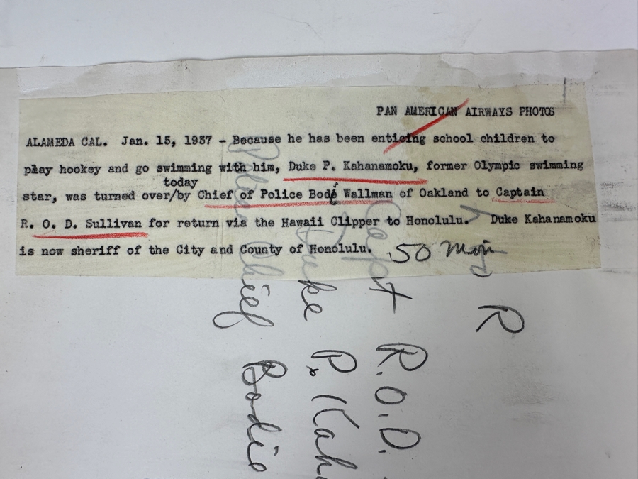 Vintage 1937 Photograph Of Duke P. Kahanamoku (Olympic Swimmer / Famous Hawaiian Surfer) Arrested - Pan American Airways Photo 8' X 10' Phil Stroupe Photography - See Details [Photo 5]