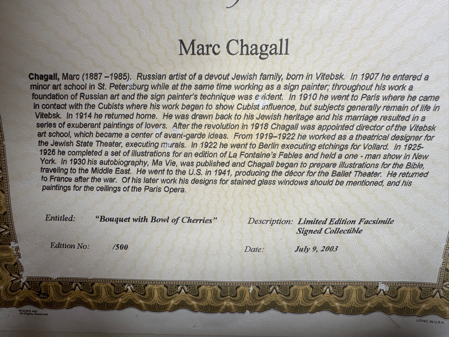 Marc Chagall (1887-1985, Russia) Limited Edition Facsimile Signed Print Titled 'Bouquet With Bowl Of Cherries' Numbered 212 Of 500 21'W X 31'H Framed 36'W X 45'H [Photo 11]