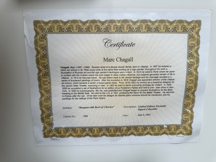 Marc Chagall (1887-1985, Russia) Limited Edition Facsimile Signed Print Titled 'Bouquet With Bowl Of Cherries' Numbered 212 Of 500 21'W X 31'H Framed 36'W X 45'H [Photo 10]