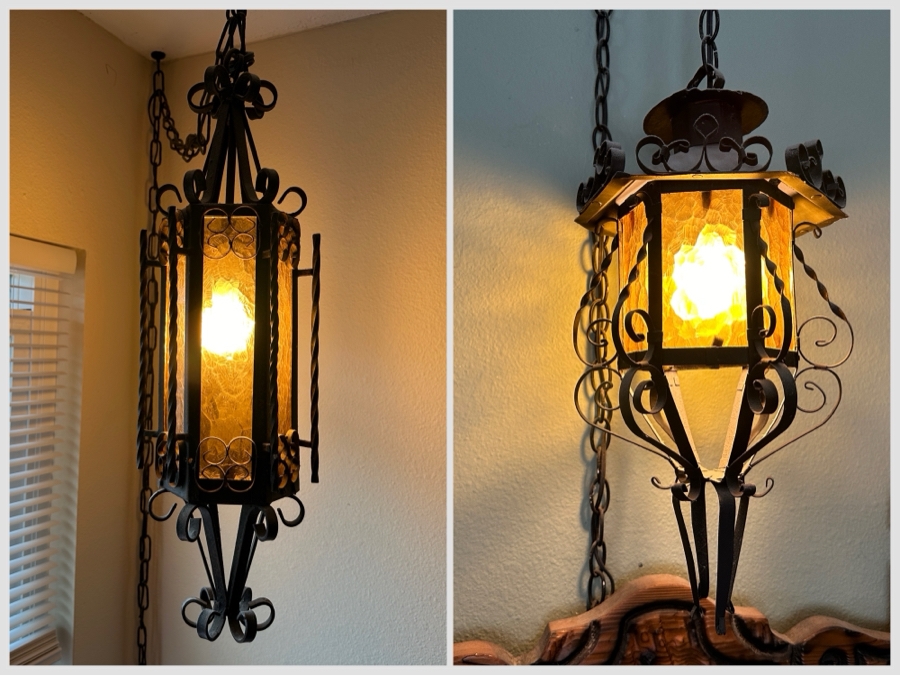 [Updated] Just Added - Pair Of Vintage Mexican Spanish Wrought Iron Hanging Pendants Lanterns Light Fixtures [Photo 1]