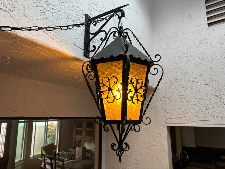Just Added - Vintage Mexican Spanish Wrought Iron Hanging Pendant Lantern Light Fixture	 [Photo 1]