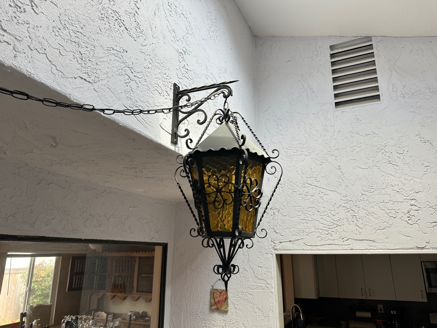 Just Added - Vintage Mexican Spanish Wrought Iron Hanging Pendant Lantern Light Fixture	 [Photo 4]