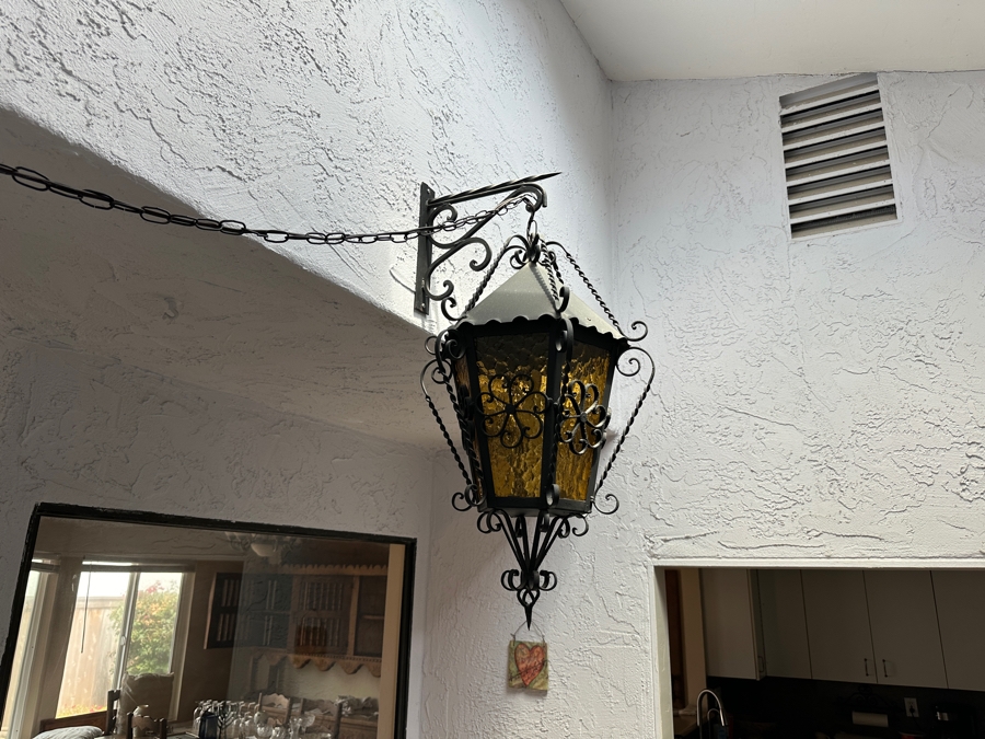 Just Added - Vintage Mexican Spanish Wrought Iron Hanging Pendant Lantern Light Fixture	 [Photo 3]