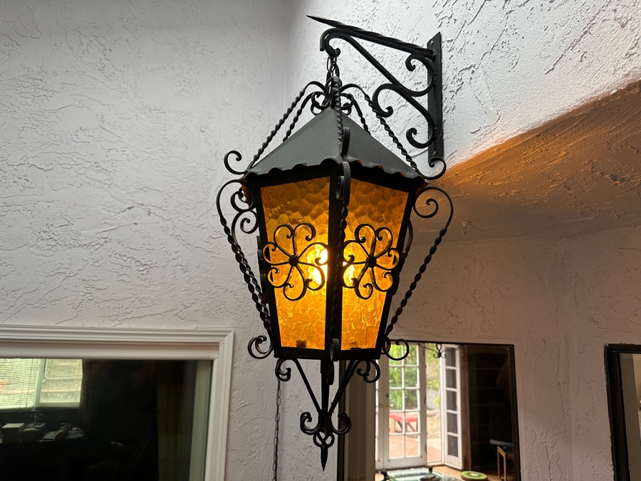Just Added - Vintage Mexican Spanish Wrought Iron Hanging Pendant Lantern Light Fixture	 [Photo 7]