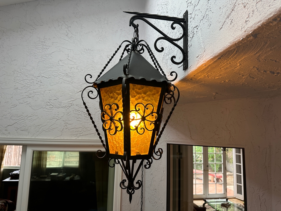 Just Added - Vintage Mexican Spanish Wrought Iron Hanging Pendant Lantern Light Fixture	 [Photo 6]