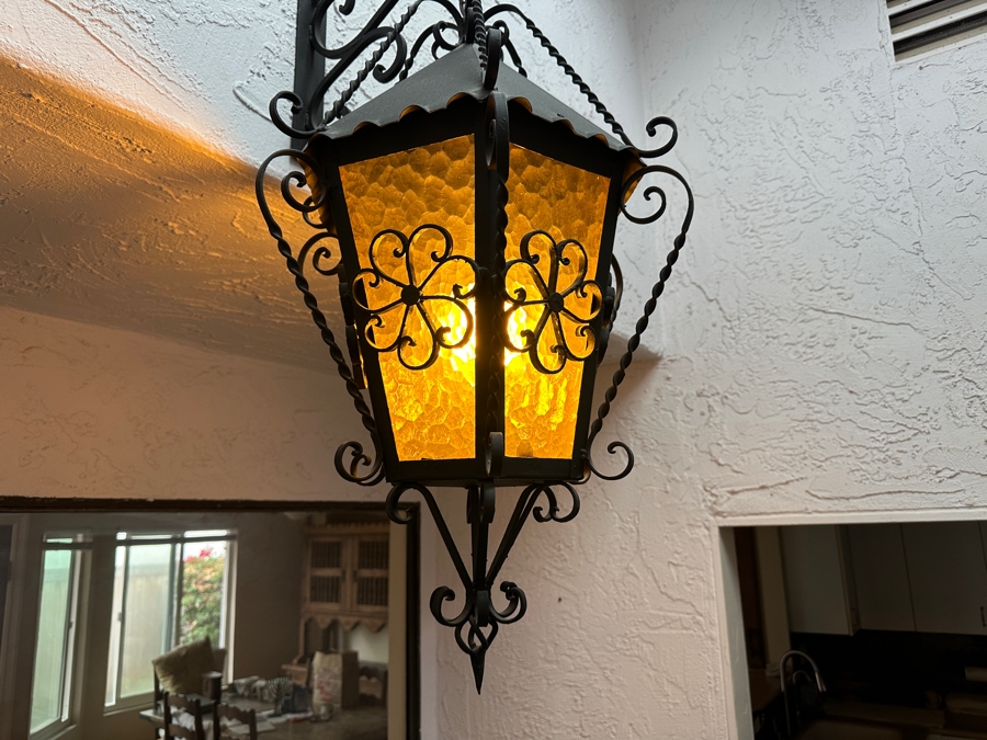 Just Added - Vintage Mexican Spanish Wrought Iron Hanging Pendant Lantern Light Fixture	 [Photo 8]
