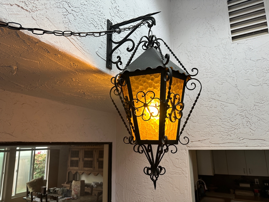 Just Added - Vintage Mexican Spanish Wrought Iron Hanging Pendant Lantern Light Fixture	 [Photo 5]