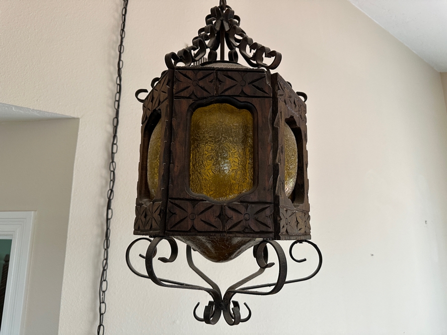 Just Added - Vintage Mexican Spanish Carved Wood And Wrought Iron Hanging Pendant Lantern Light Fixture [Photo 10]
