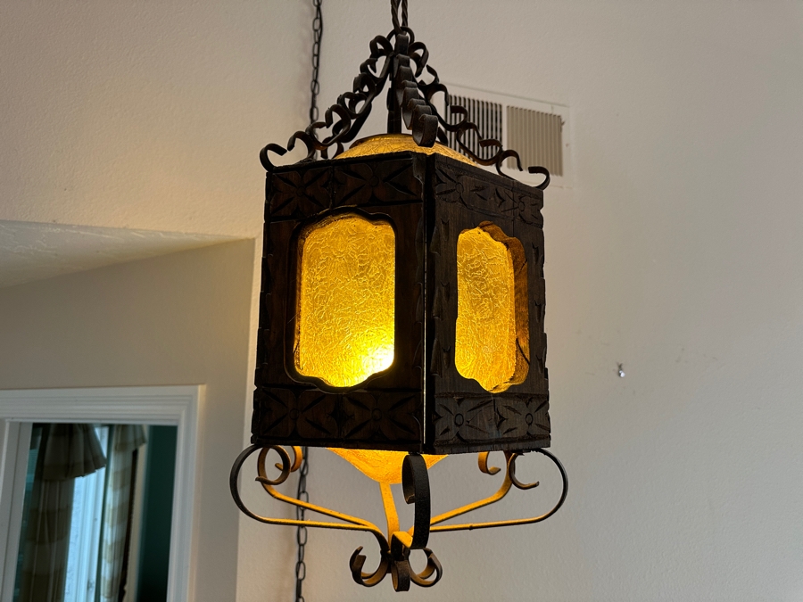 Just Added - Vintage Mexican Spanish Carved Wood And Wrought Iron Hanging Pendant Lantern Light Fixture [Photo 5]