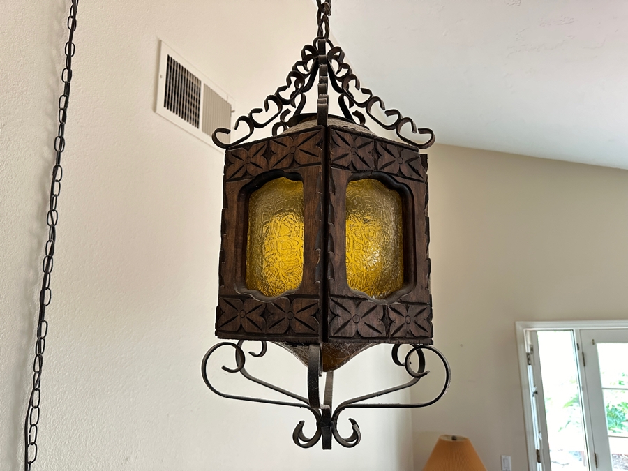 Just Added - Vintage Mexican Spanish Carved Wood And Wrought Iron Hanging Pendant Lantern Light Fixture [Photo 1]