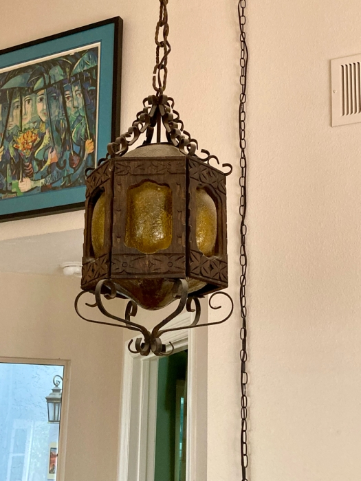 Just Added - Vintage Mexican Spanish Carved Wood And Wrought Iron Hanging Pendant Lantern Light Fixture [Photo 11]