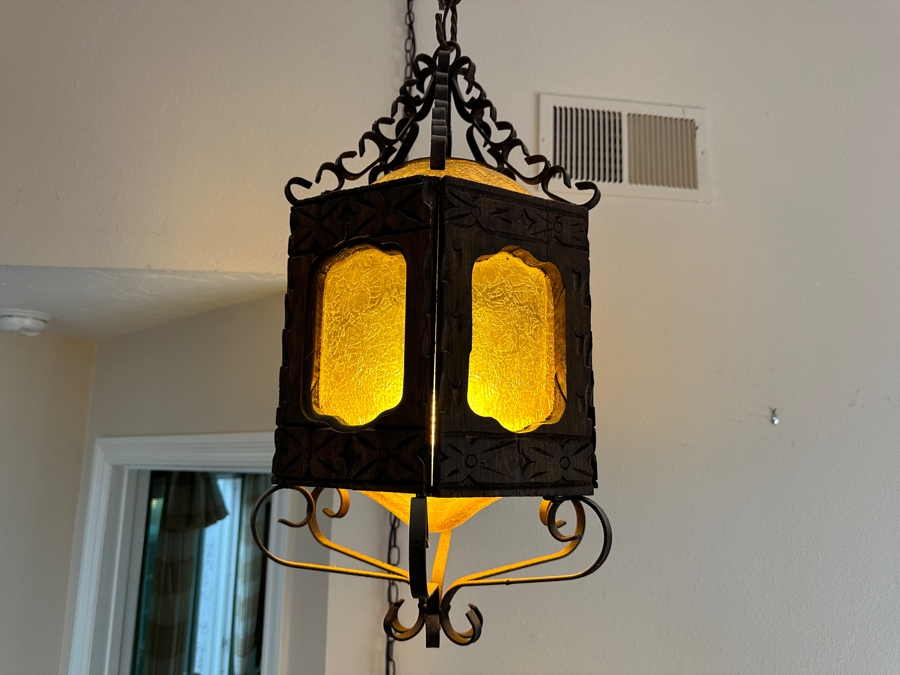 Just Added - Vintage Mexican Spanish Carved Wood And Wrought Iron Hanging Pendant Lantern Light Fixture [Photo 6]