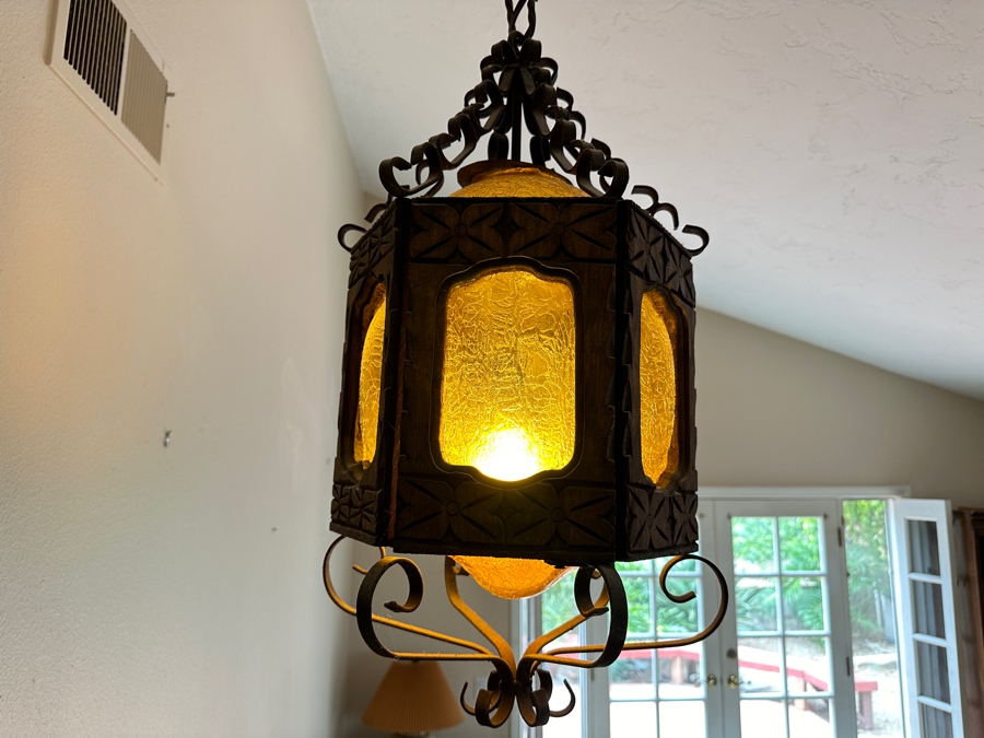 Just Added - Vintage Mexican Spanish Carved Wood And Wrought Iron Hanging Pendant Lantern Light Fixture [Photo 2]