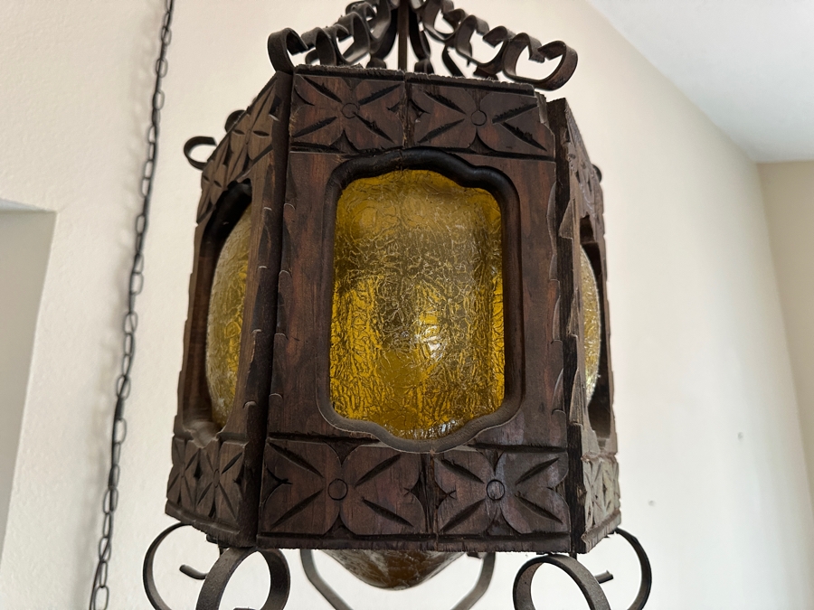 Just Added - Vintage Mexican Spanish Carved Wood And Wrought Iron Hanging Pendant Lantern Light Fixture [Photo 9]