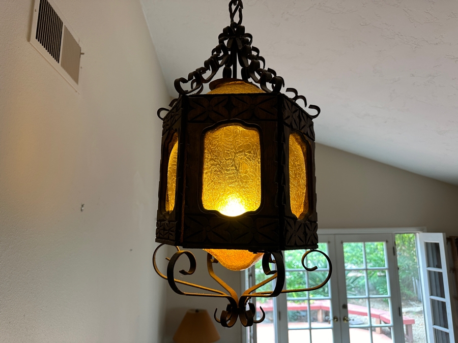 Just Added - Vintage Mexican Spanish Carved Wood And Wrought Iron Hanging Pendant Lantern Light Fixture [Photo 4]