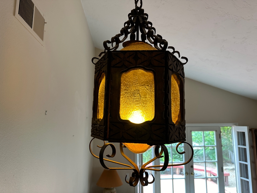 Just Added - Vintage Mexican Spanish Carved Wood And Wrought Iron Hanging Pendant Lantern Light Fixture [Photo 3]