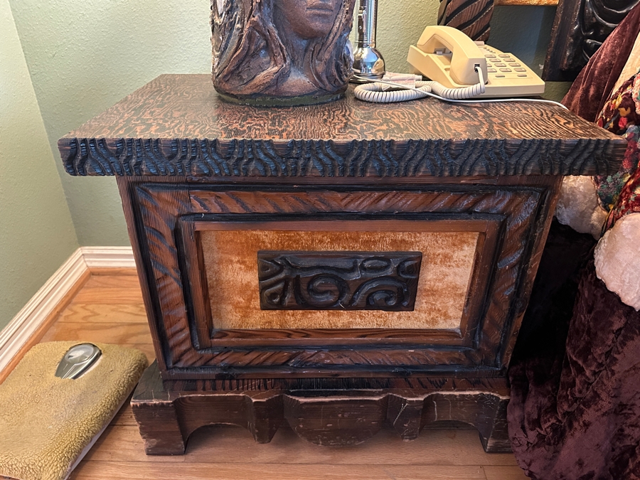 Just Added - Pair Of Vintage Mid-Century South American Carved Wooden Nightstands Cabinets 27W X 17D X 23H [Photo 3]