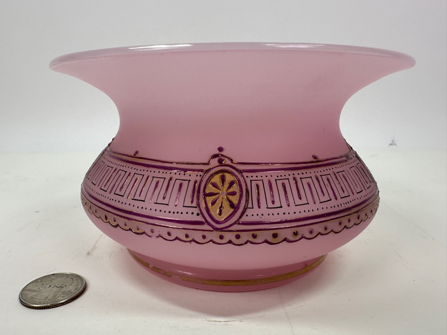 Antique Opaline Glass: Pink Hand Painted Vase 6'W X 3.25'H [Photo 5]