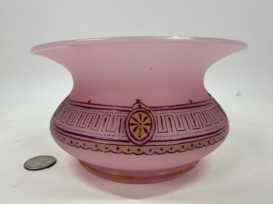 Antique Opaline Glass: Pink Hand Painted Vase 6'W X 3.25'H [Photo 2]