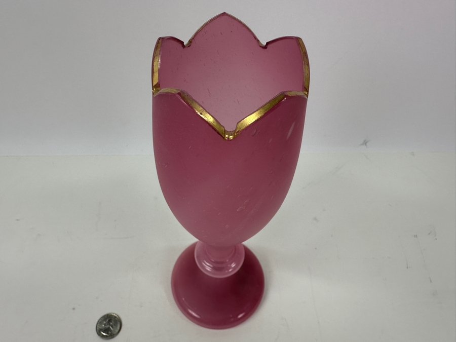 Antique Opaline Glass: Pink Vase With Scallop Top Gold Rim 10.5'H Appraised $40 [Photo 2]