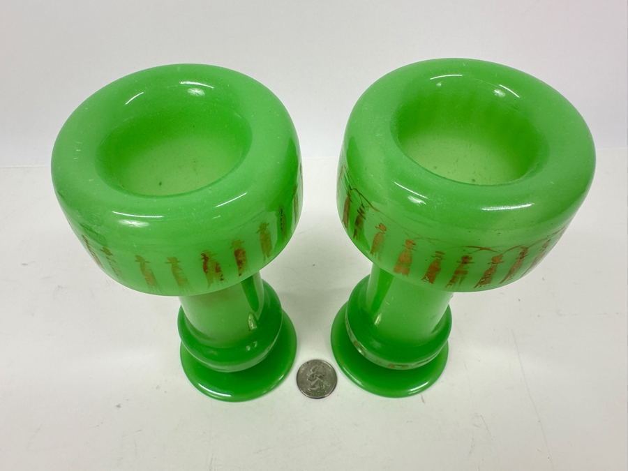 Antique Opaline Glass: Pair Of Apple Green Vases With Gold Accents 6.75'H Appraised $260 [Photo 3]