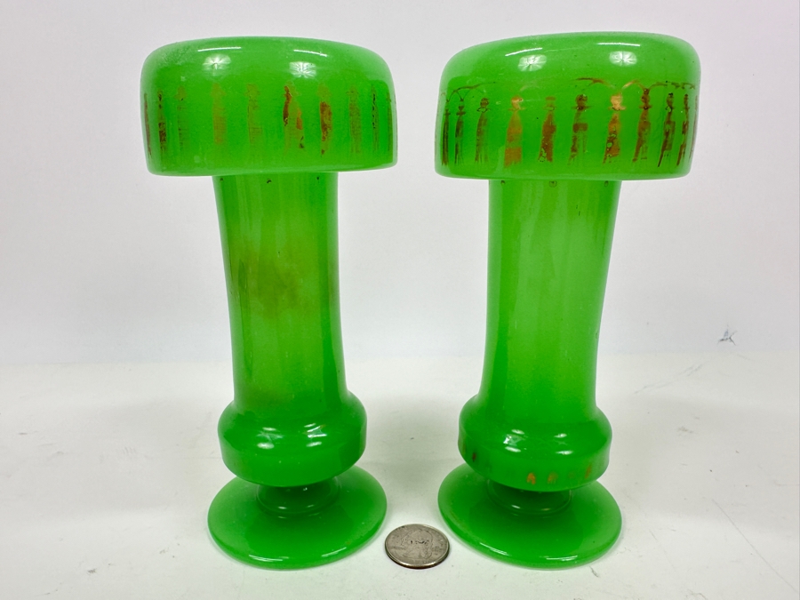 Antique Opaline Glass: Pair Of Apple Green Vases With Gold Accents 6.75'H Appraised $260 [Photo 2]
