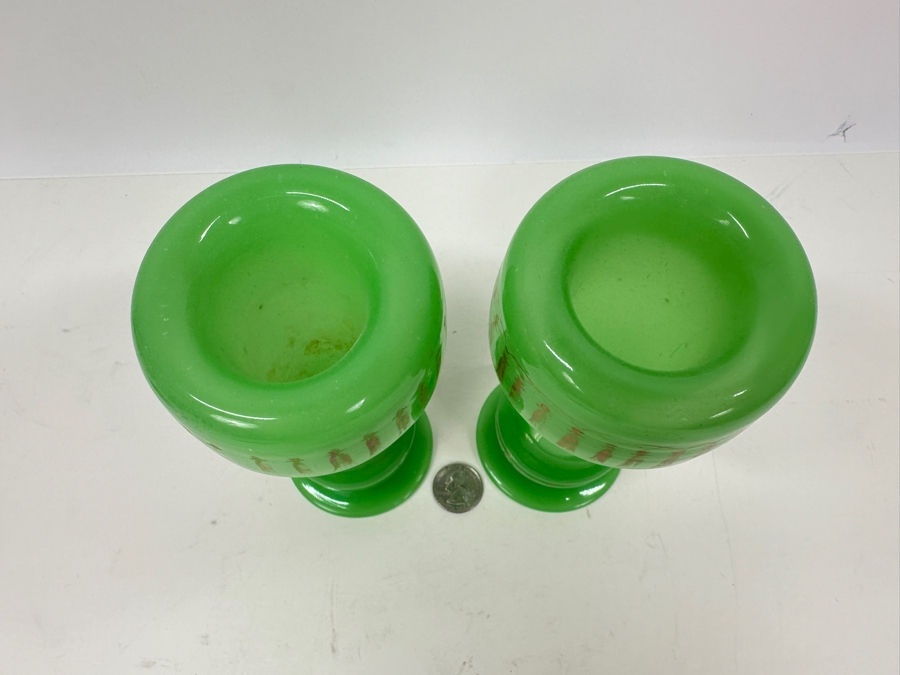 Antique Opaline Glass: Pair Of Apple Green Vases With Gold Accents 6.75'H Appraised $260 [Photo 4]