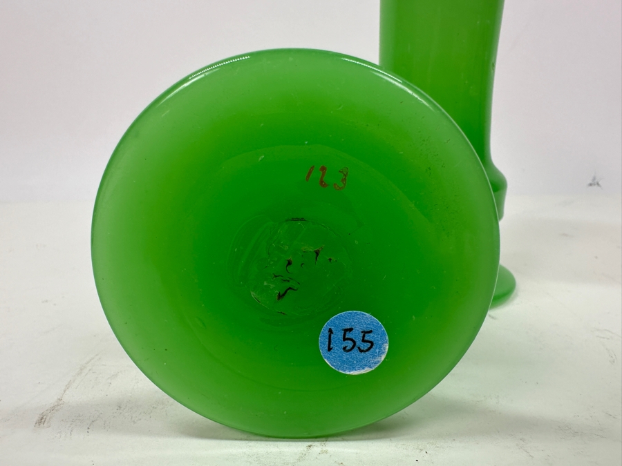 Antique Opaline Glass: Pair Of Apple Green Vases With Gold Accents 6.75'H Appraised $260 [Photo 5]