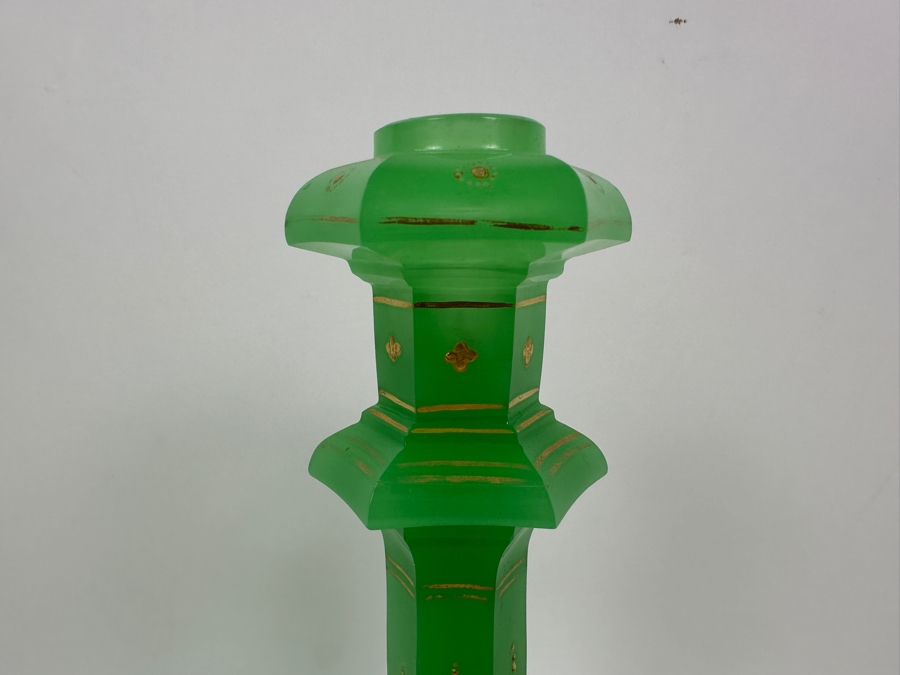 Antique Opaline Glass: Pair Of Biedermeier Green Candlesticks With Gold Accents 9.5'H Appraised $2,500 [Photo 8]