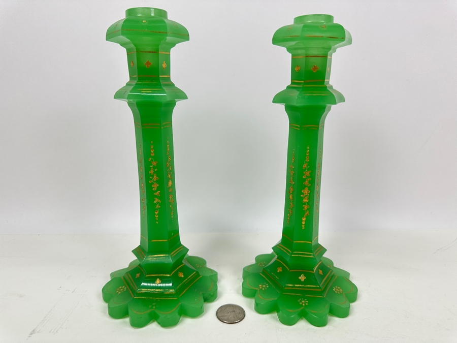 Antique Opaline Glass: Pair Of Biedermeier Green Candlesticks With Gold Accents 9.5'H Appraised $2,500 [Photo 2]