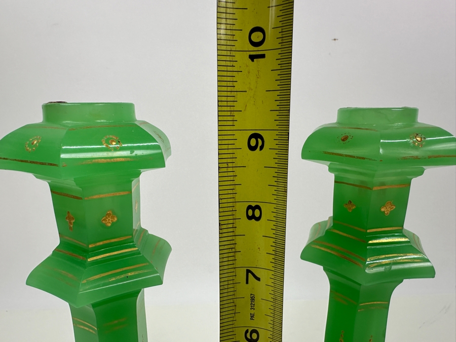 Antique Opaline Glass: Pair Of Biedermeier Green Candlesticks With Gold Accents 9.5'H Appraised $2,500 [Photo 10]