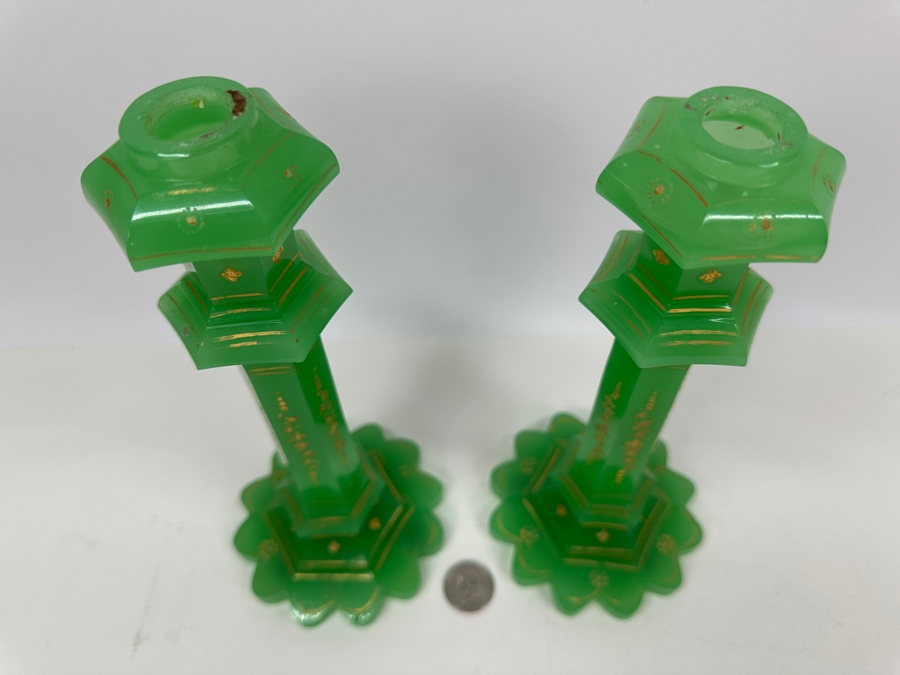 Antique Opaline Glass: Pair Of Biedermeier Green Candlesticks With Gold Accents 9.5'H Appraised $2,500 [Photo 4]