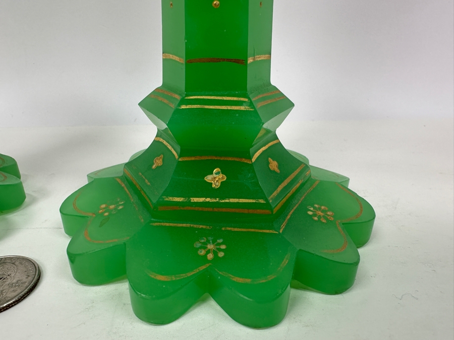 Antique Opaline Glass: Pair Of Biedermeier Green Candlesticks With Gold Accents 9.5'H Appraised $2,500 [Photo 6]