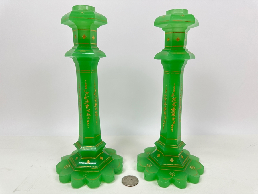 Antique Opaline Glass: Pair Of Biedermeier Green Candlesticks With Gold Accents 9.5'H Appraised $2,500 [Photo 3]